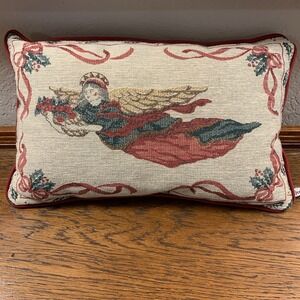 Riverdale Angel Tapestry Pillow Christmas 16x10 Cream Green Red Gold Made In USA